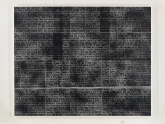 Glenn Ligon, Come Out #4  (detail), 2014. Silkscreen on canvas, 239 × 899 cm. Courtesy the artist; Thomas Dane Gallery, London; Luhring Augustine Gallery, New York; Regen Projects, Los Angeles.