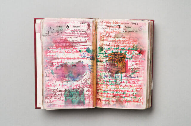 Dieter Roth, 1967 Notebook, Hardcover leatherbound diary with drawings, coloured sketches, collages. Courtesy Hauser & Wirth. © Dieter Roth Estate
Photograph: Michael Pfisterer, Hamburg