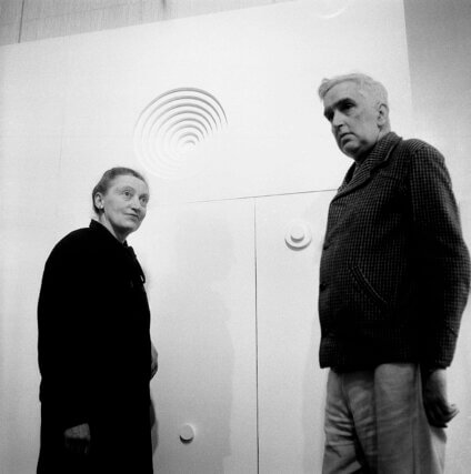 Mary Martin and Kenneth Martin in front of Structure in collaboration, ICA London, 1960. © The Estates of Kenneth and Mary Martin, the author and Camden Arts Centre, 2007. Courtesy The Estates of Kenneth and Mary Martin.