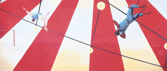 Verne Dawson, Aerialists (Red & White), 2003. Oil on canvas, 183 x 430cm. Friedrich Christian Flick CollectionCopyright of the artist and courtesy Gavin Brown’s enterprise.