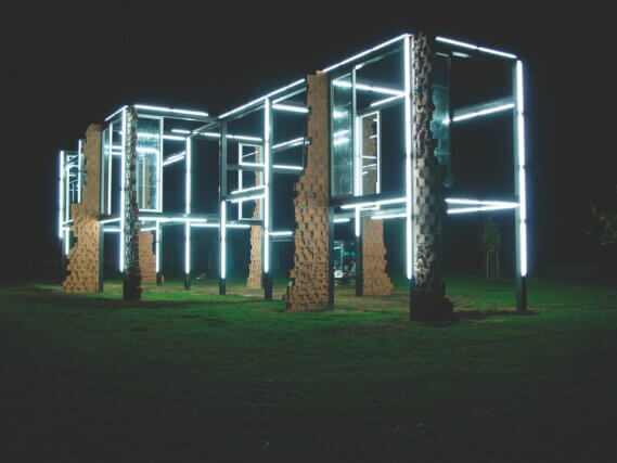 The Passage of the Hours 2004 / HEB 200/Steel, concrete, 
bricks, aluminium, laminated glass, fluorescent armatures / Middleheimmuseum, Antwerp
copyright Pedro Cabrita Reis and courtesy of the artist. 