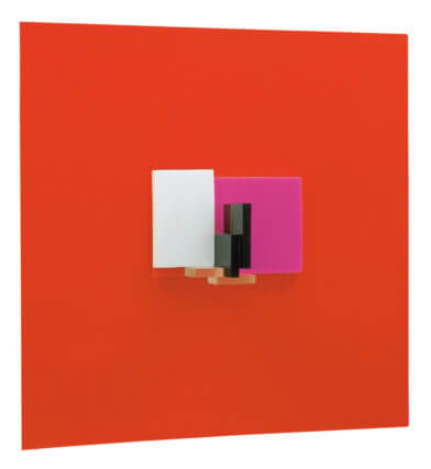 Mary Martin. Perspex Group on Red (C), 1969. Perspex on wood, 61 × 61 × 13.8 cm. Courtesy Annely Juda Fine Art © The Estates of Kenneth and Mary Martin, the author and Camden Arts Centre, 2007. Courtesy The Estates of Kenneth and Mary Martin.