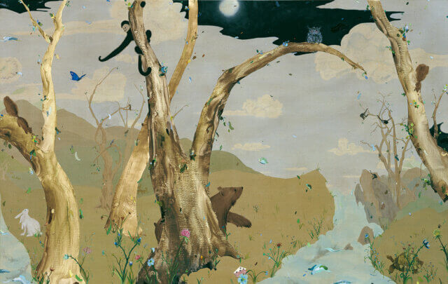 Laura Owens, 'Untitled' 2002. oil and acrylic on linen, 213.3 ✕ 335.3 cm. Collection David Teiger. Courtesy Gavin Brown. © the artist.