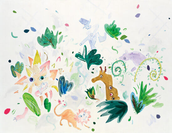 Laura Owens, 'Untitled' 2006. Acrylic, oil and felt on linen,
213.3 ✕ 274.3 cm. The Dakis Joannou Collection Foundation. © the artist.