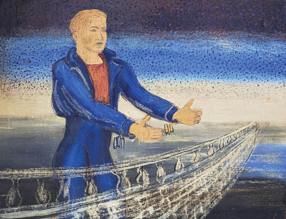 Forrest Bess, 'The Blue Man,' date unknown (1954 or earlier). Oil on canvas
board, 22.9 x 29.8 cm. Private Collection. Courtesy Kirk Hopper Fine Art.