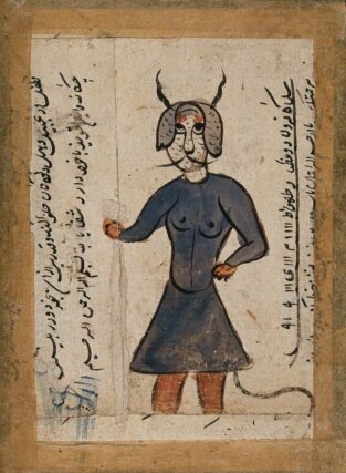 Artist unknown, An hermaphrodite with
elaborate headdress, late 1700s. Gouache
on paper, 20 x 14 cm. Wellcome Collection.
