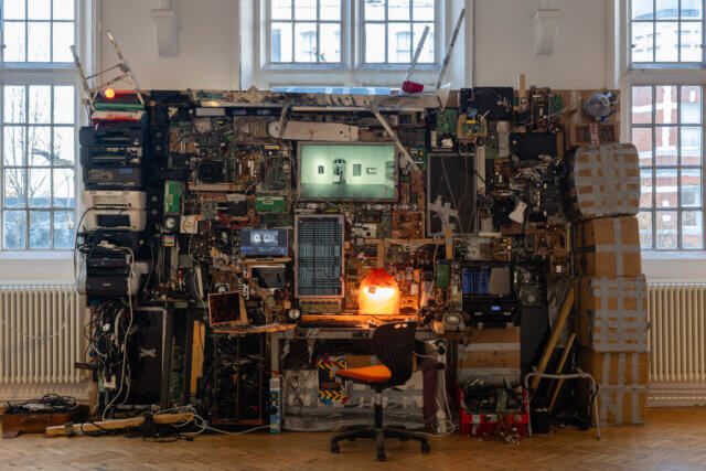 Zayd Menk, 
'4.3.2‽</>_-⨅⨼' , 2022
Mixed media. Installation view of
Bloomberg New Contemporaries
at Camden Art Centre, 2024. Photo: Rob Harris.