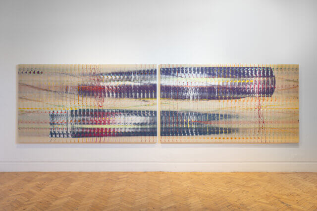Emily Kraus, 'Stochastic 12'
(diptych), 2023.
Oil on canvas. Installation view of
Bloomberg New Contemporaries
at Camden Art Centre, 2024. Photo: Rob Harris.