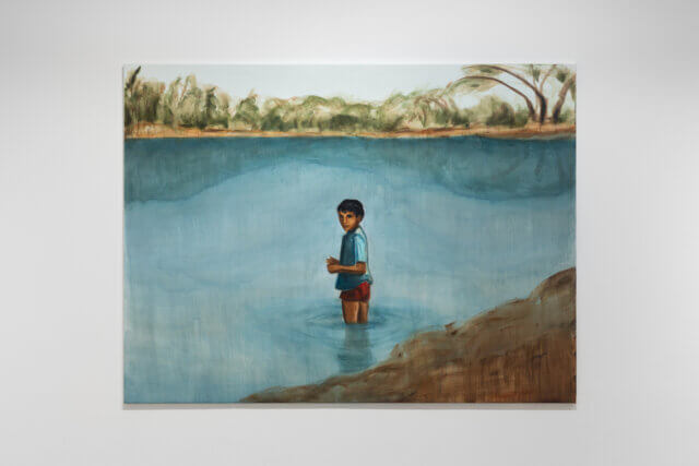 'Boy Swimming', 2023
Acrylic on paper
Courtesy of the artis and Jhaveri Contemporary  
Photo: Rob Harris