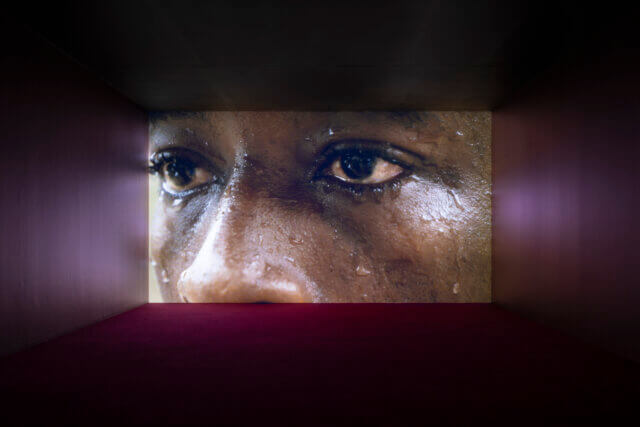 Karimah Ashadu, 'MUSCLE', installation view Tendered, Camden Art Centre, 2025. Courtesy the artist, Fondazione In Between Art Film, Sadie Coles HQ, London and Camden Art Centre. Photo: Andrea Rossetti.