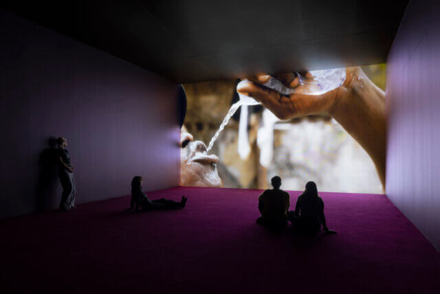 Karimah Ashadu, 'MUSCLE', installation view Tendered, Camden Art Centre, 2025. Courtesy the artist, Fondazione In Between Art Film, Sadie Coles HQ, London and Camden Art Centre. Photo: Andrea Rossetti.